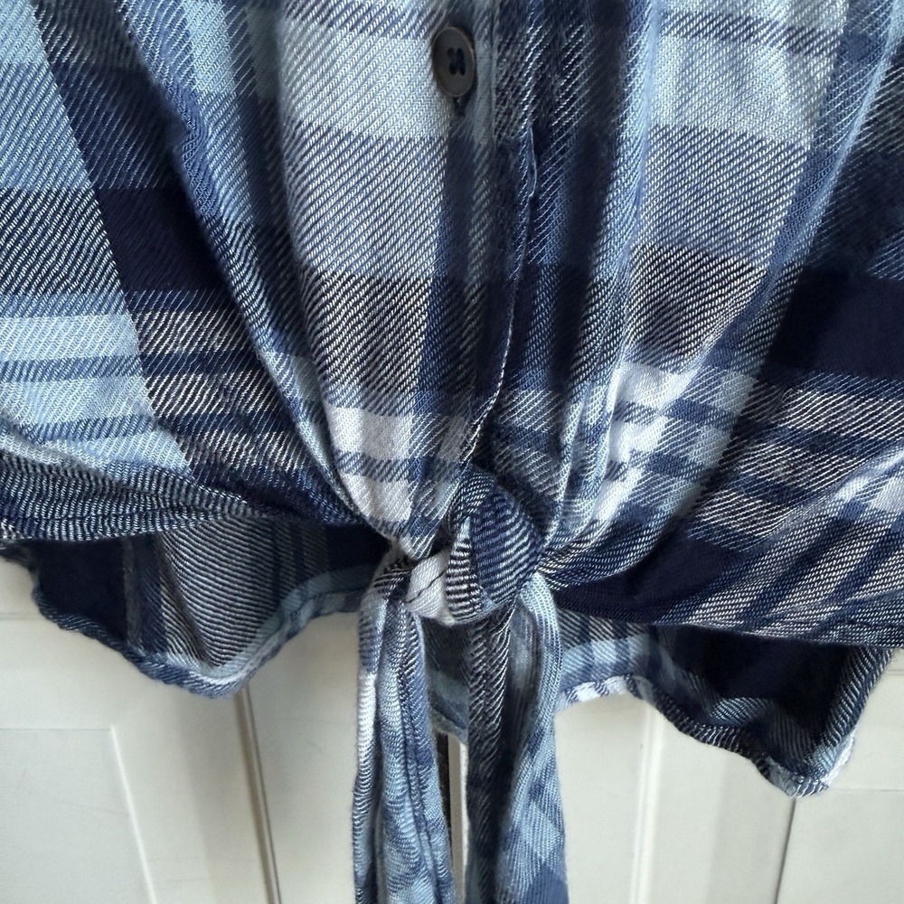 Knox Rose Flannel Top Blouse Womens Large Blue Plaid Tie Front Comfy Cozy‎ - Picture 5 of 8